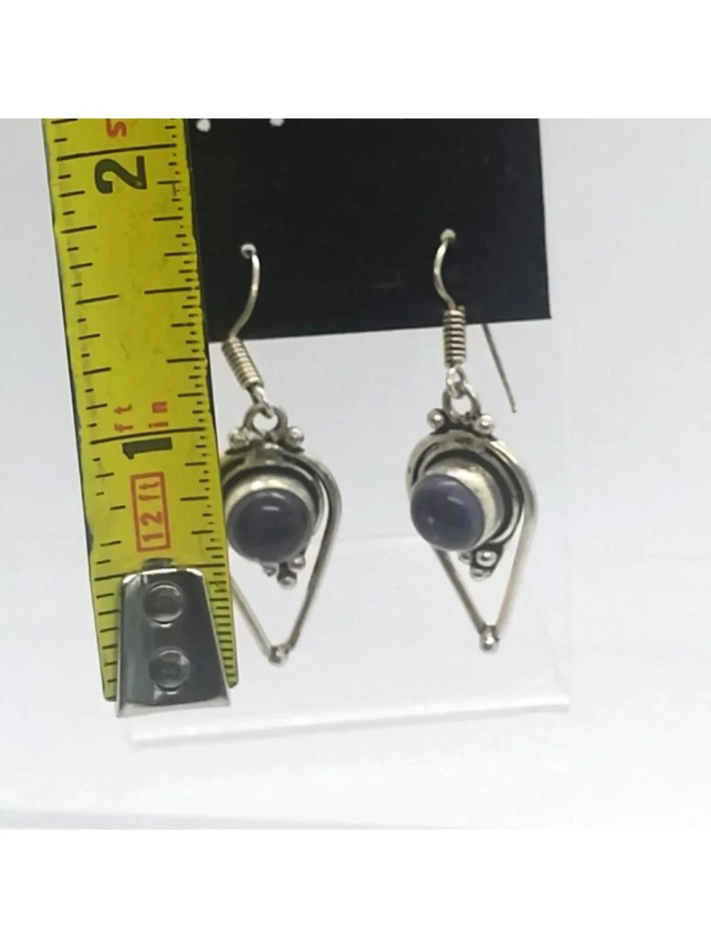 Handmade Ethnic Bohemian Teardrop Shaped Silver Amethyst Dangle Earrings